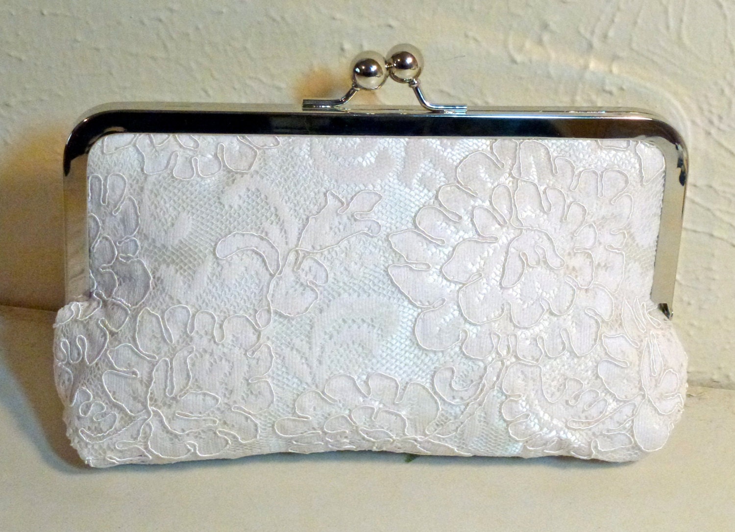 Bridal Clutch Ivory or White Alencon Lace Cabbage Rose Wedding