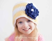 Girls Crochet Sun Hat in Yellow, White, and Navy, Spring Hat,  Easter, Accessories, Kids,Gift,Toddler, Knit, Toddler Girl