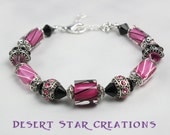 Hot Pink and Black Cane Glass Bracelet, Fuchsia Black Rhinestone Crystal Beaded Bracelet