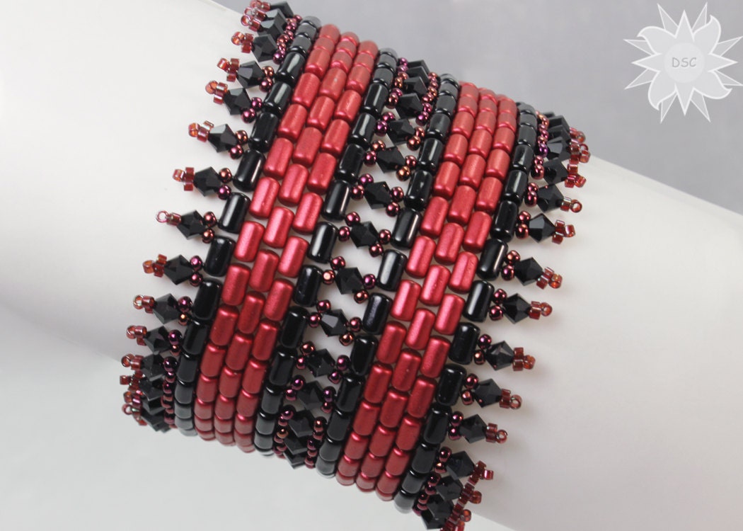 Red and Black Metallic Stitched Bracelet, Rulla Beads and Swarovski Crystal Wide Cuff Style Bracelet