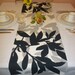 Black Gray Table Runner Leaves on White Lined Cotton (54" 137cm)