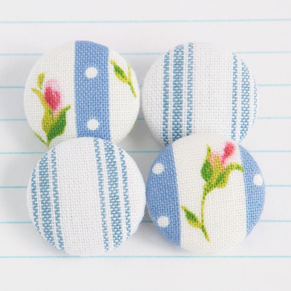 Fabric Covered Buttons - Stripy Spring Mix - Blue / White / Green / Pink (19mm) x 4