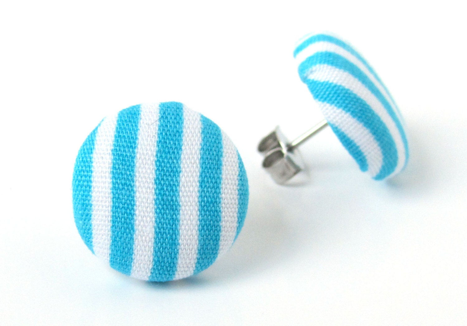 Turquoise blue stud earrings button spring bright white stripes cyan mint sky