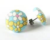 Stud earrings blue white yellow pink flowers bright happy spring