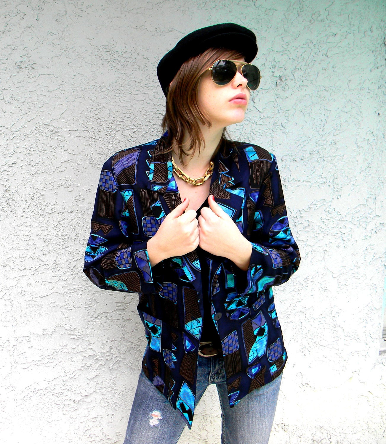 Tribal War - Vintage 80s/90s Hip Hop URBAN TRIBE Suit Coat/Blazer Jacket in Afrocentric Old School Pop Art Print - Made in New York City s/m