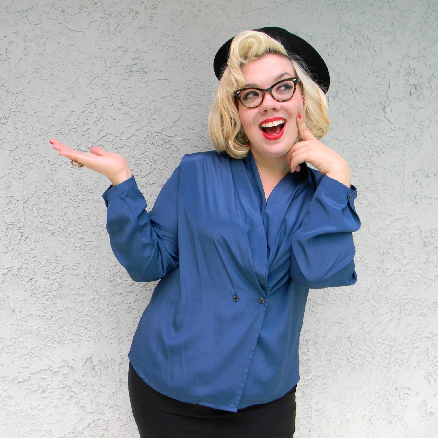 Plus Size Vintage - Vintage 80s Sexy Secretary Blouse in Slate Blue w/ Gathered Neckline - Authentic Plus Sized Top/Shirt Size 14