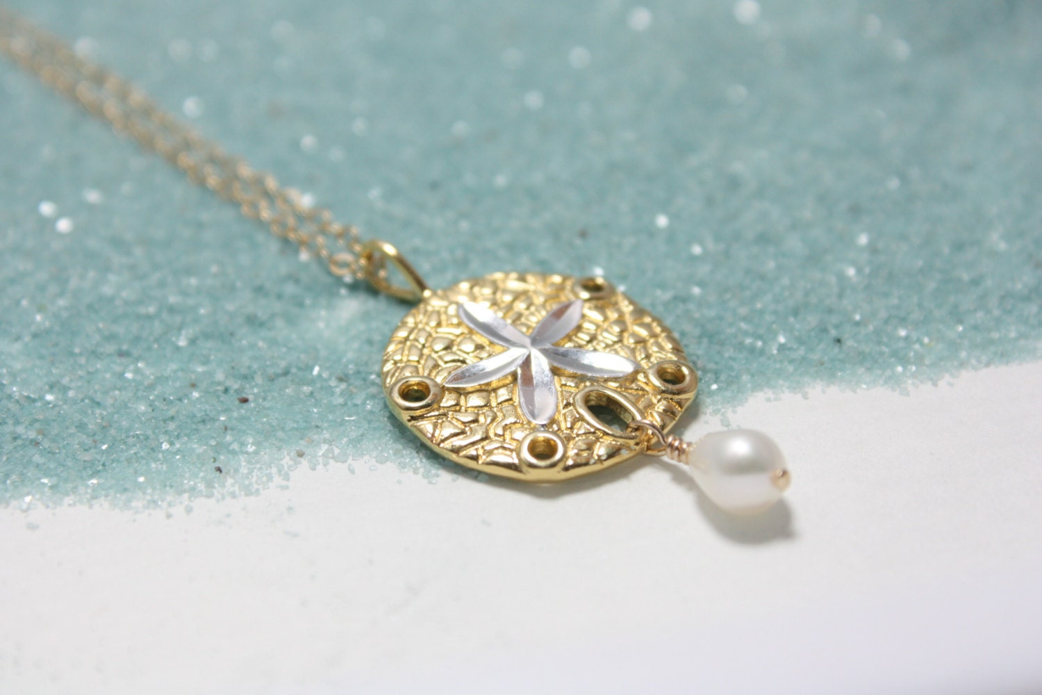 14 Karat Sand Dollar Pearl Necklace, Gold Filled, 14 Karat Sterling Silver, Pendant, Freshwater Pearl, READY TO SHIP