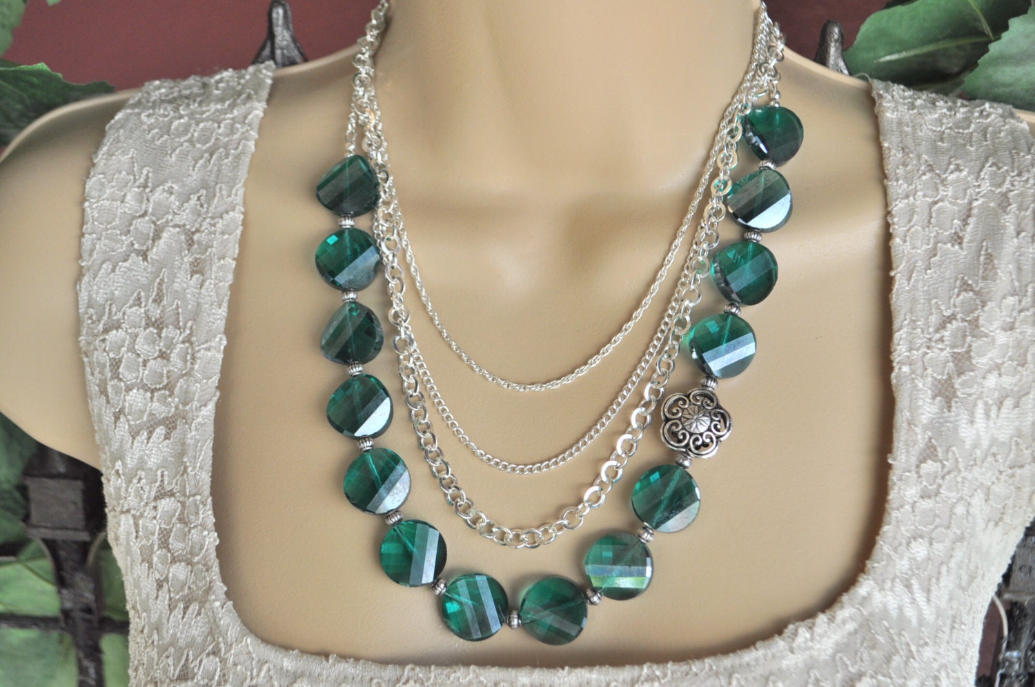 Emerald Green Twisted Crystal Disc Multistrand Silver Chain Necklace and Earring Set