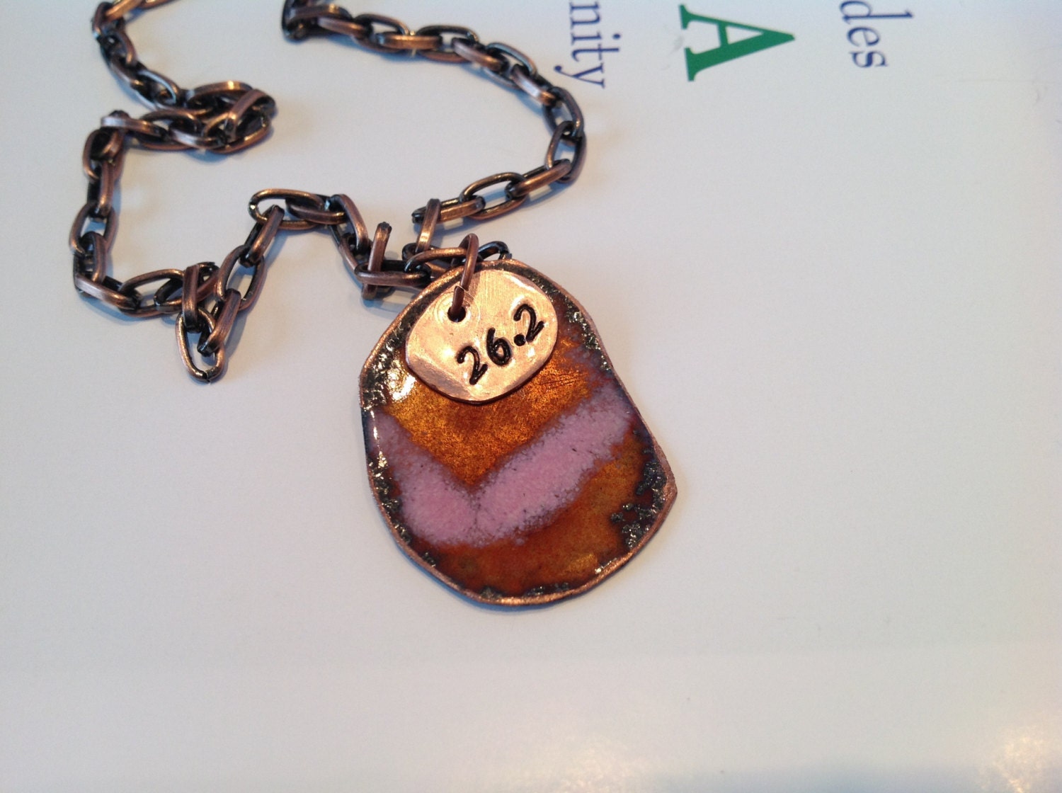 Enameled necklace stamped running necklace copper and pink