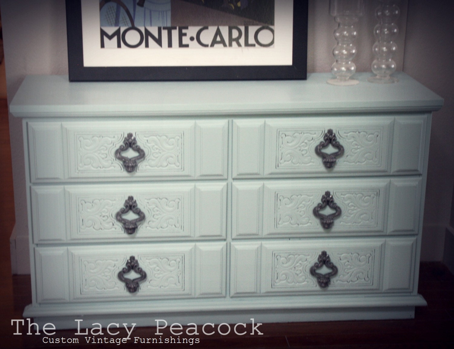Vintage Seafoam Dresser/ Changing Table / Tv Stand / Buffet with Gray Knobs