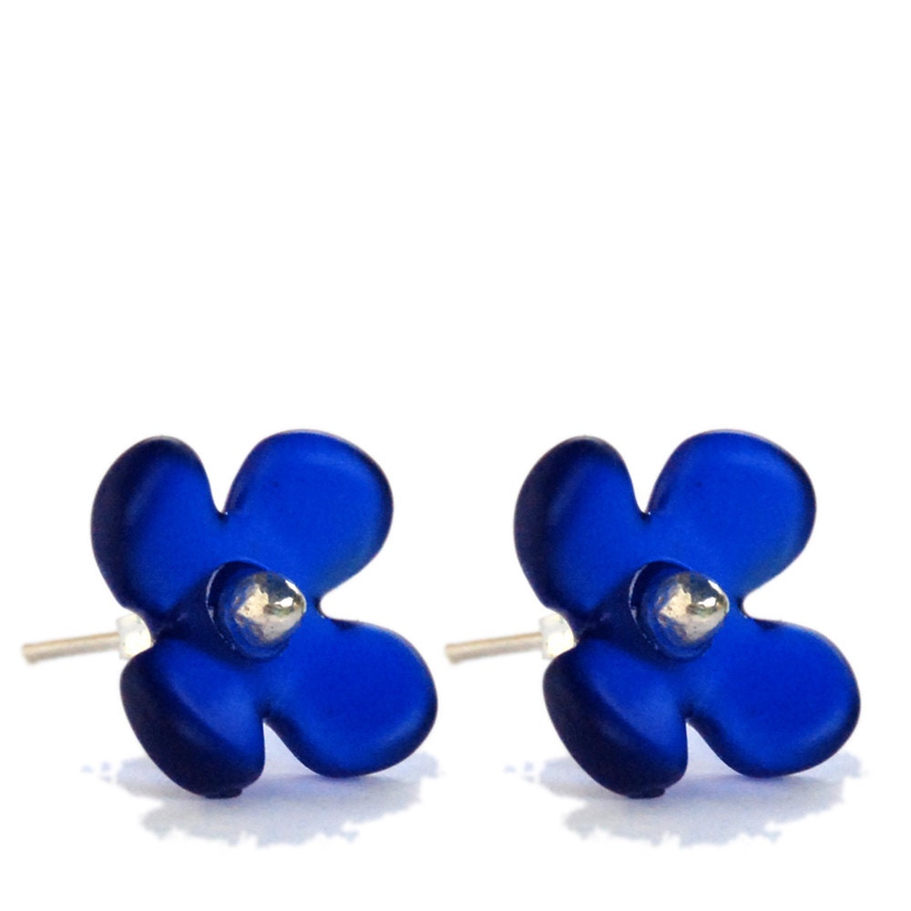 Hydrangea Flower Stud Recycled Glass Earrings Weleda Blue.