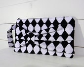 Bow Clutch Purse - Black White Check Harlequin Diamond Fabric - Red Damask Lining