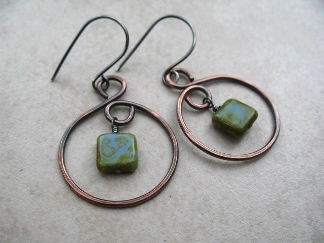 Copper Hoops with Czech Glass Beads Rustic Casual Jewelry