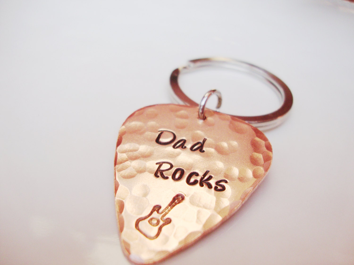 Dad rocks hammered copper guitar pick keychain