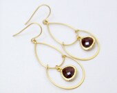 Double Hoop Burgundy Stone Drop Earrings Gold