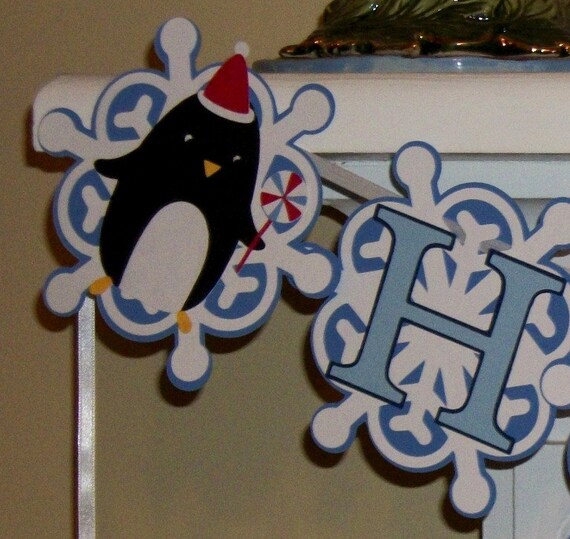 CLEARANCE ... Happy Birthday Banner ...Snowflakes and Penguins ... READY to SHIP Il_570xn