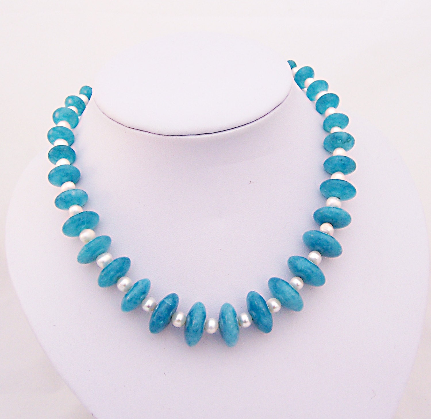 Blue Crystal and Freshwater Pearls Necklace, Chunky Necklace, Blue and White Necklace, Handmade Necklace, UK Seller