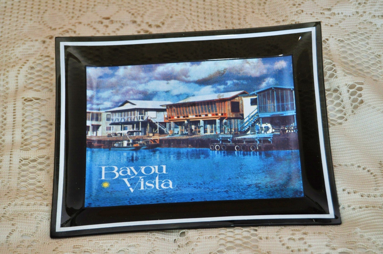 Vintage Beach Souvenir Glass Tray Bayou Vista 60s or 70s Era