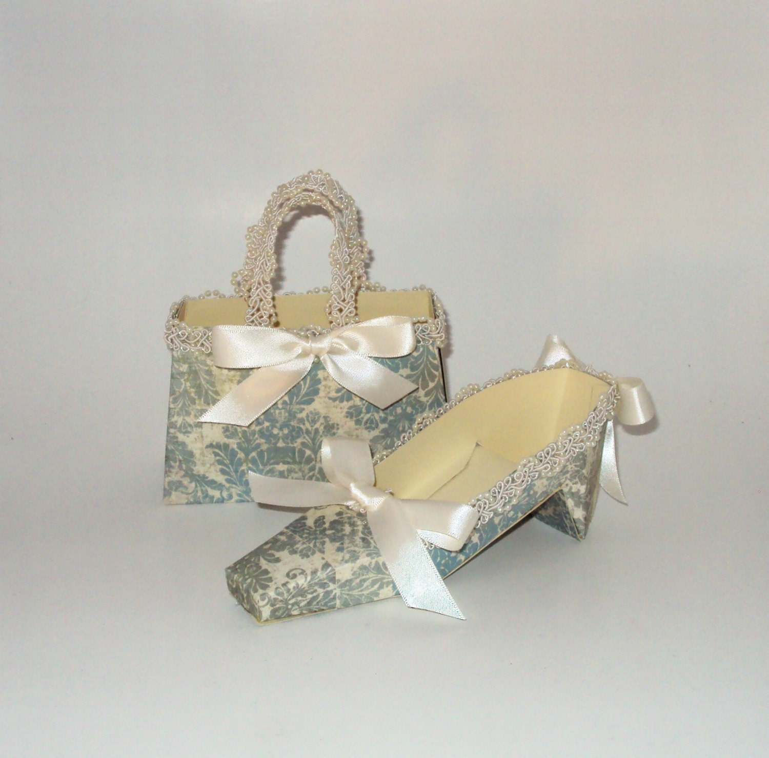 Paper Shoe and Paper Purse Antique Blue Damask Gift Boxes Favor Boxes SET