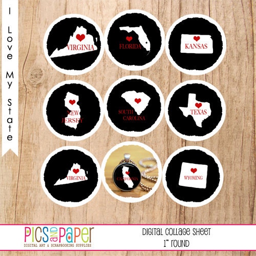 Bottle Cap 1 inch circle images United States Maps I love my State Inchies Digital Collage Sheet Download No.251 INSTANT DOWNLOAD