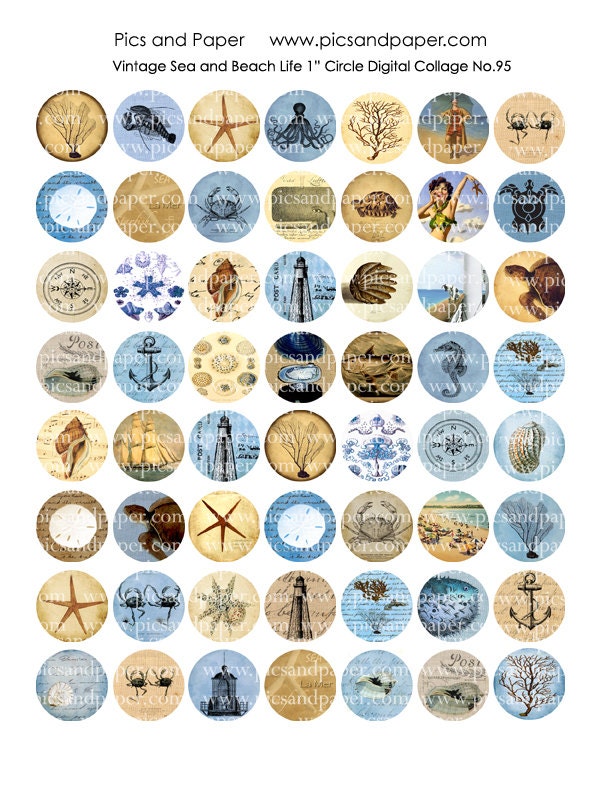 Bottle Cap Images 1" round circle Vintage Sea and Beach, Ocean  Life Digital Collage Sheet No.95 INSTANT DOWNLOAD