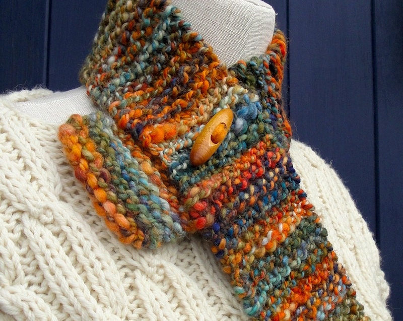 Rainforest Wool Scarf. With Toggle. Hand Dyed and Hand Spun Natural Wool.