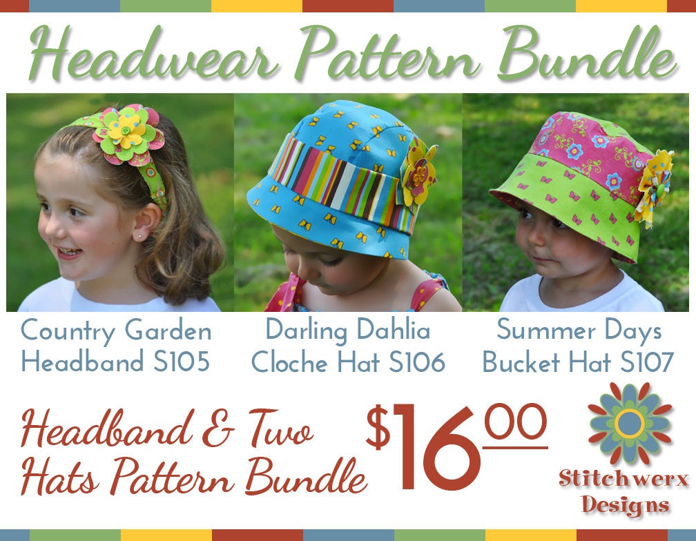 Bucket Hat, Cloche Hat & Headband PDF Sewing Pattern Bundle S107/S106/S105COMBO- Baby to Adult Sizes