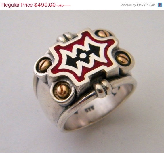 on sale Sterling Silver Ring with 9k Gold for Men and Women and red and green Enemal Unisex