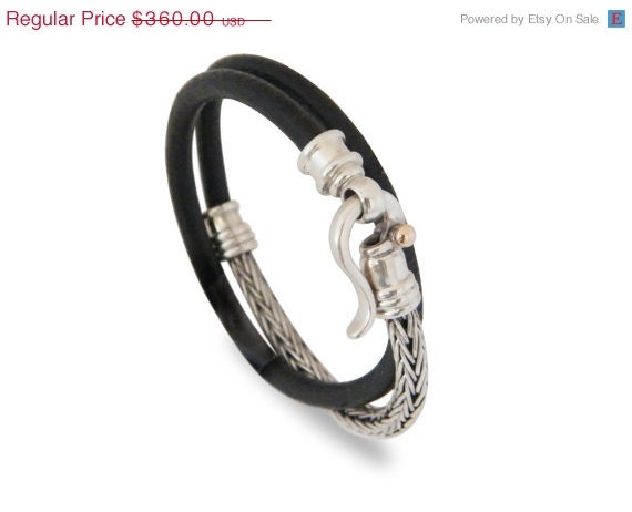on sale black leather Bracelet  Sterling Silver handmade for Men and Women