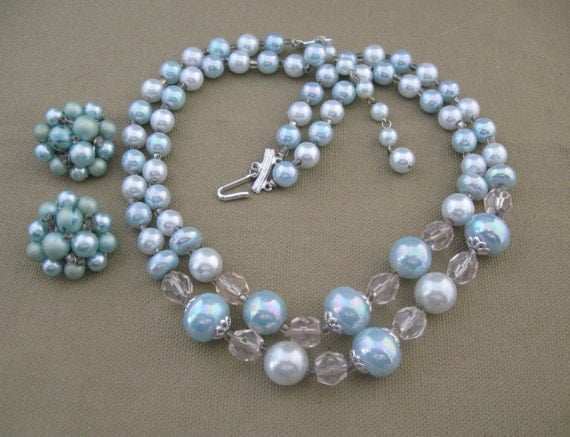 Blue Soap Bubbles Bead Crystal Double Strand Necklace Vintage Set
