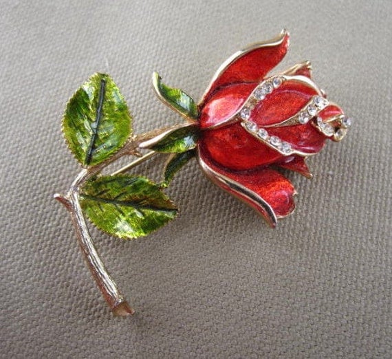 Vintage Red Rose with Rhinestones Flower Brooch