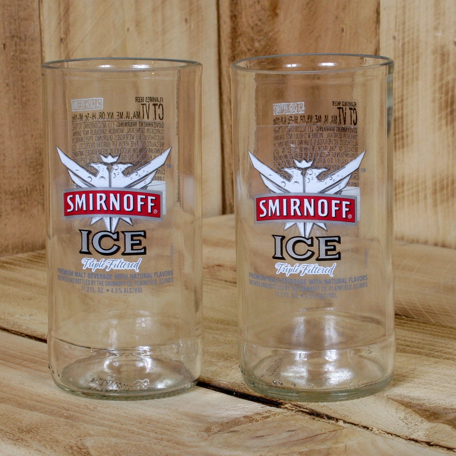Upcycled Smirnoff Ice 8 ounce juice glasses made from bottles