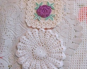 2 SPARKLING WHITE POTHOLDERS Raised Purple Irish Rose, Green Leaves, Shells, Radiating Spokes, Pot Holder, 1940s Hand Crochet Kitchen Linen
