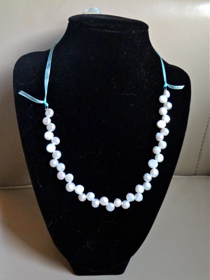 White Pearl necklace with Blue Ribbon - Fresh Water Pearls