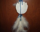 Sand Dollar Wall Hanging with Blue Leather and Beads Plus White Feathers