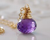 NEW Genuine Amethyst Necklace, Semiprecious Purple Gemstone Onion, February Birthstone, Wire Wrapped Gold Filled Jewelry, Free Shipping