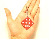 Cell phone charm, red fabric, silver spoon, miniature cutlery, miniature food, polka dots, pewter, Handmade by Marumadrid