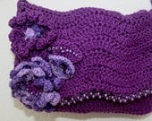 Small shoulder strap purse, pure purple cotton - crochet and beaded flowers deco  - French Handmade