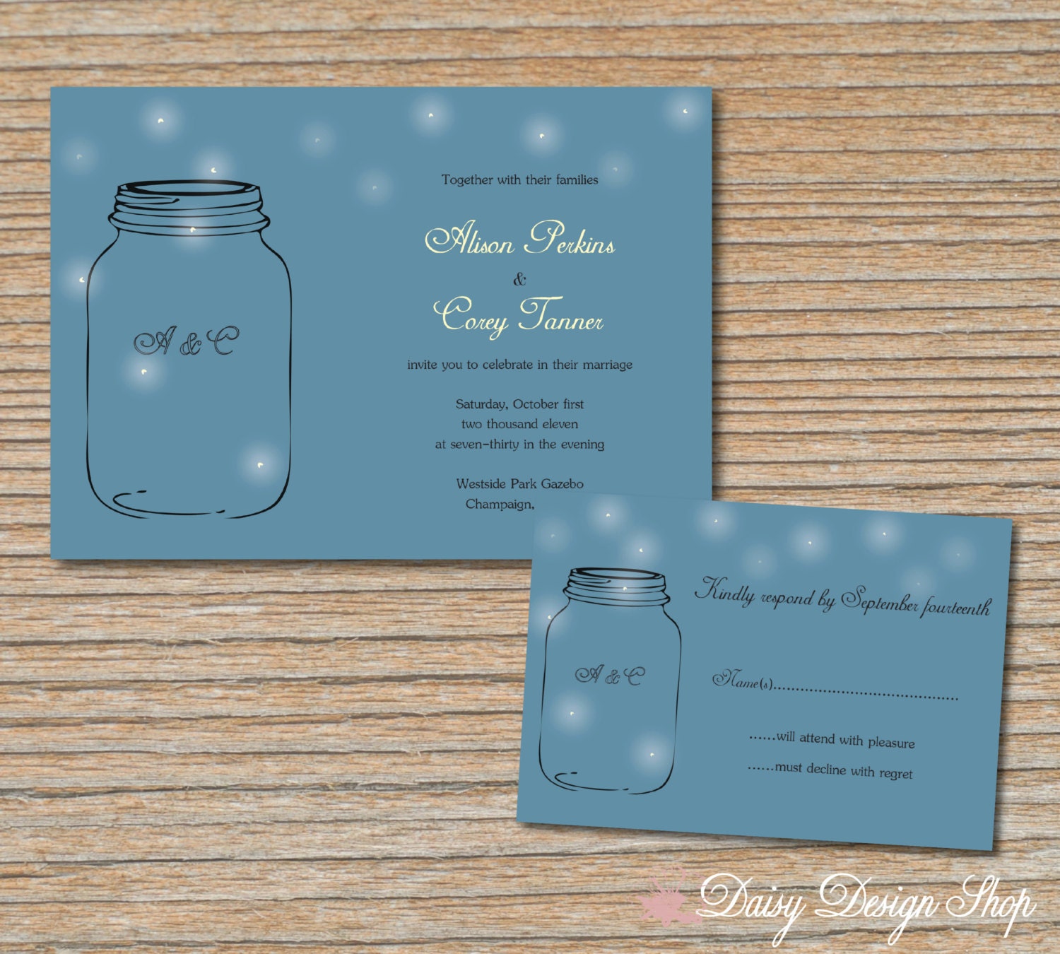 Wedding Invitation - Mason Jar and Fireflies - Rustic Chic - Invitation and RSVP Card with Envelopes