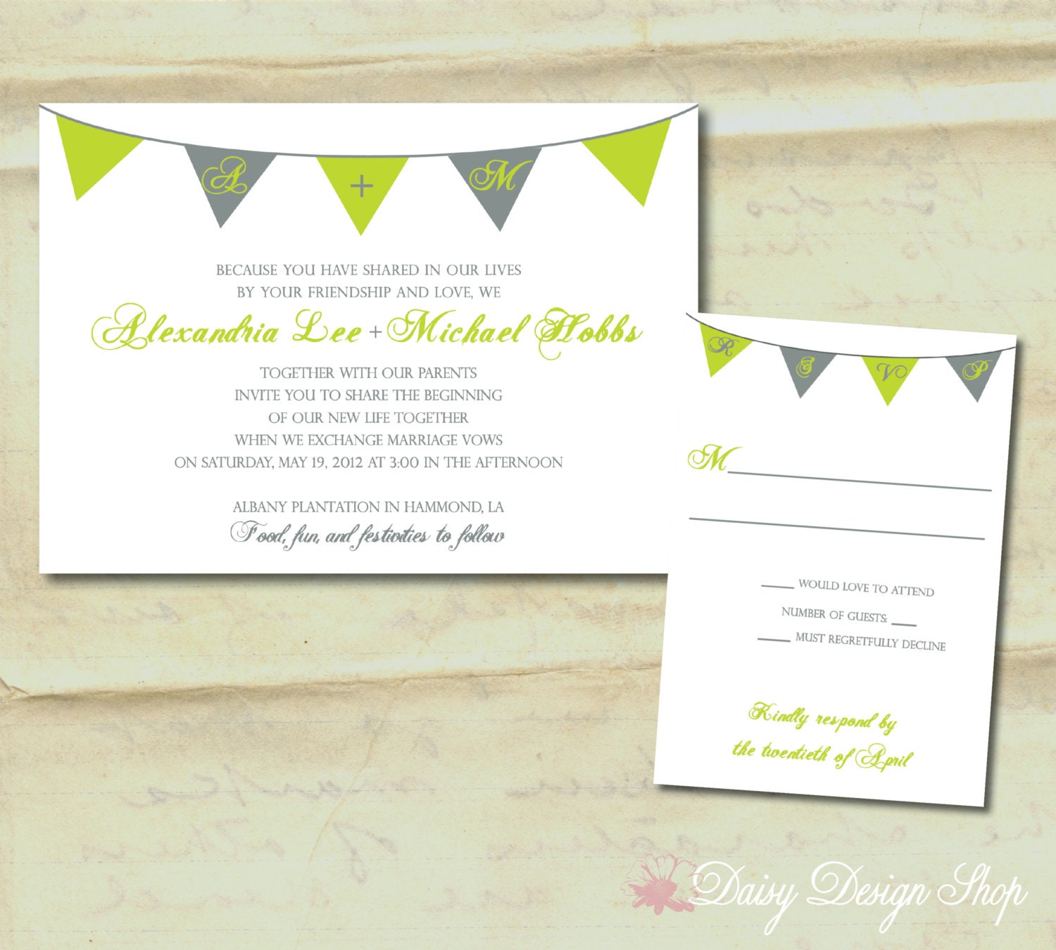 Wedding Invitation - Bunting Banner in Customizable Colors - Invitation and RSVP Card with Envelopes