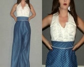 XS S Vtg 60s 70s POLKA DOT Ruffle Wide Leg Palazzo Pants Bell Bottom Backless Halter Jumpsuit Romper Catsuit