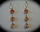 Rose and Peach Swarovski Earrings, long earrings, rhinestone earrings, antique brass, Brass dangle earrings