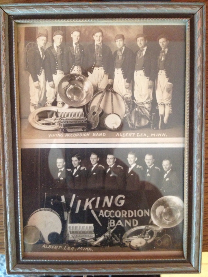 Two framed Charming 1930s postcards of the Viking Accordion Band 