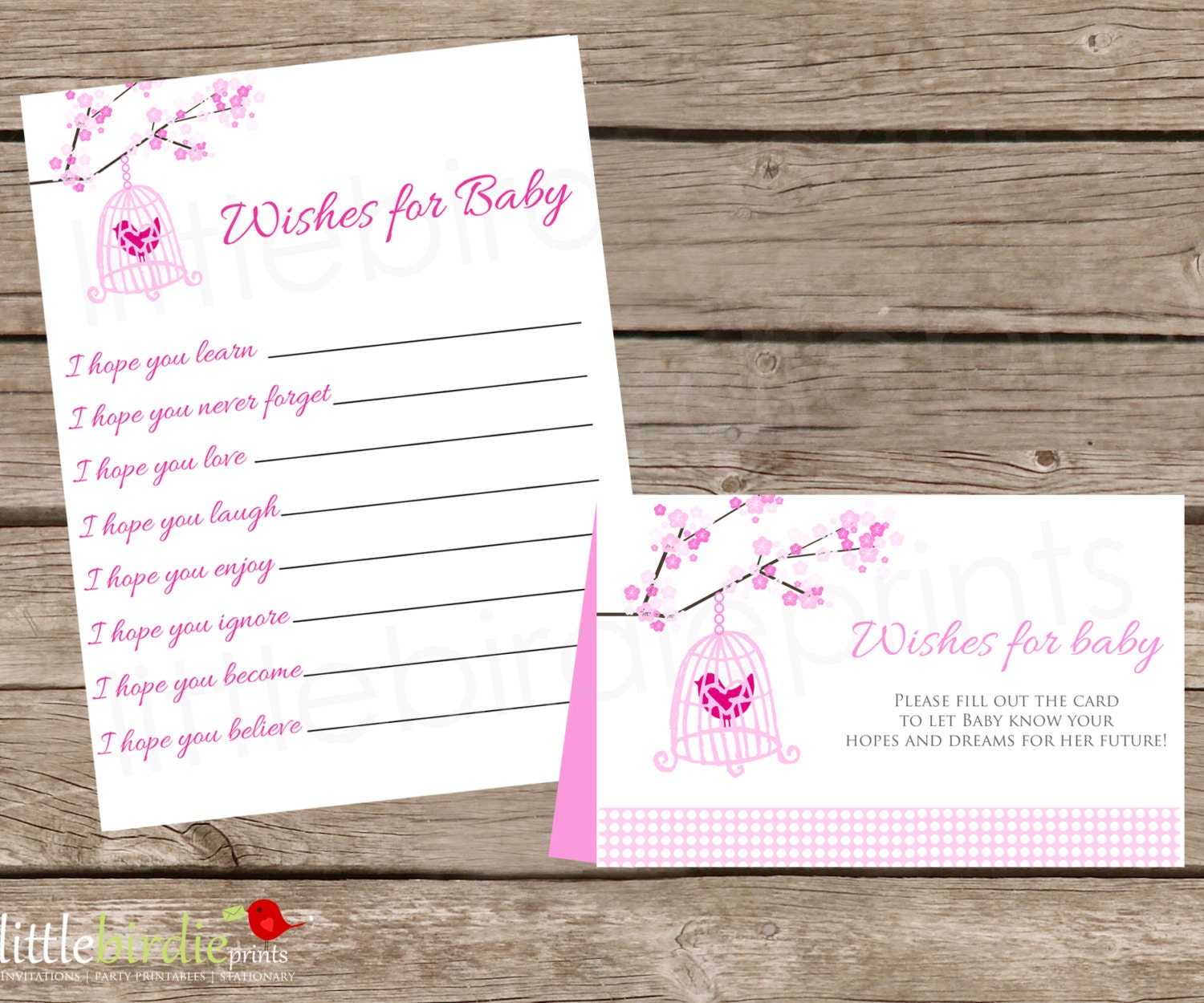 WISHES FOR BABY - Girl Baby Shower  -  Instant Download - Birdcage and Cherry Blossom Tree with Bird in Pinks.