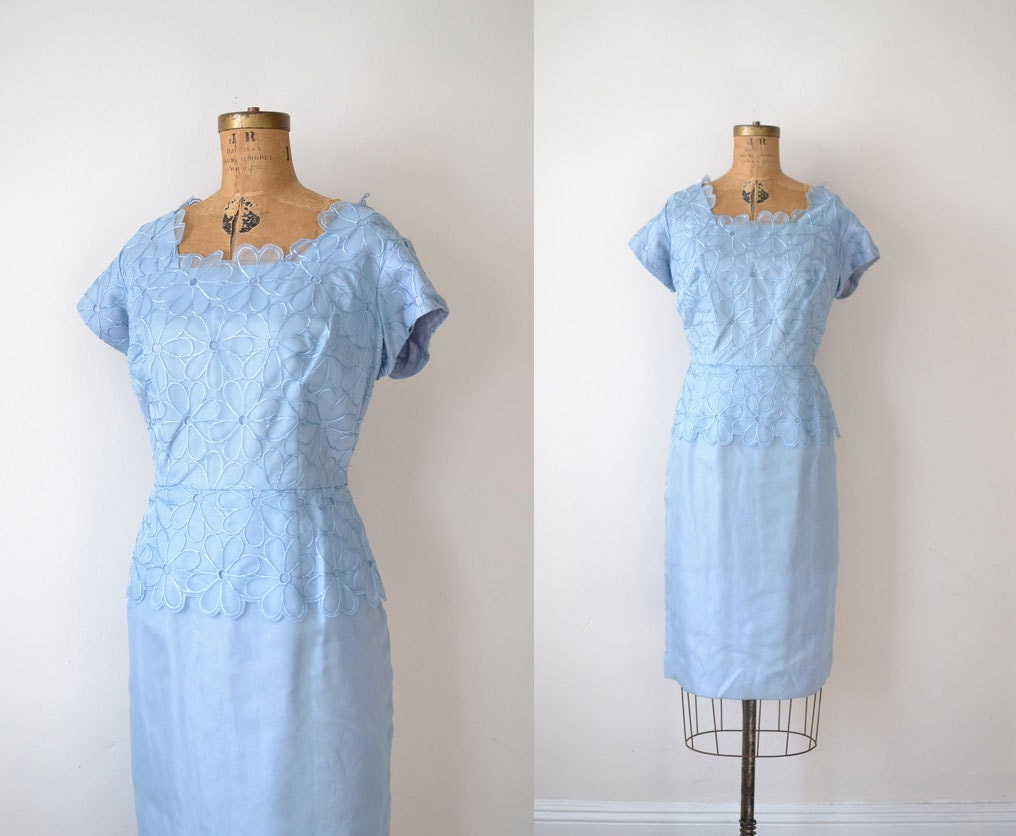 1960s Dress / 60s Blue Embroidered Wiggle Dress