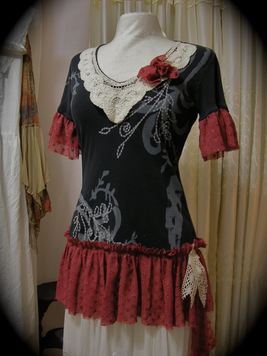 Gypsy Princess Top, romantic tattered bohemian shirt, embellished upcycled altered clothing, earth tones, MEDIUM
