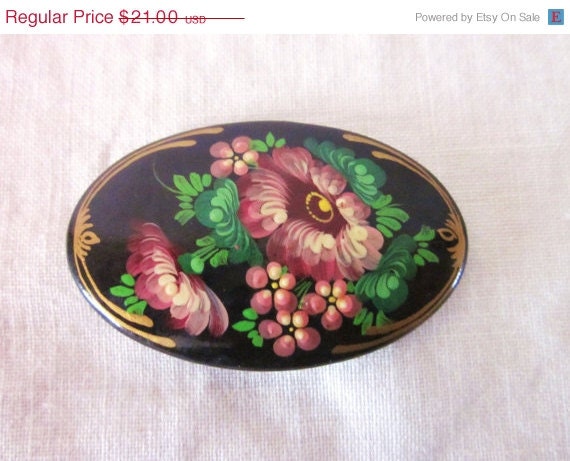 20% OFF SALE Vintage Hand Painted Russian Brooch, Flowers, Mid Century Folk Art
