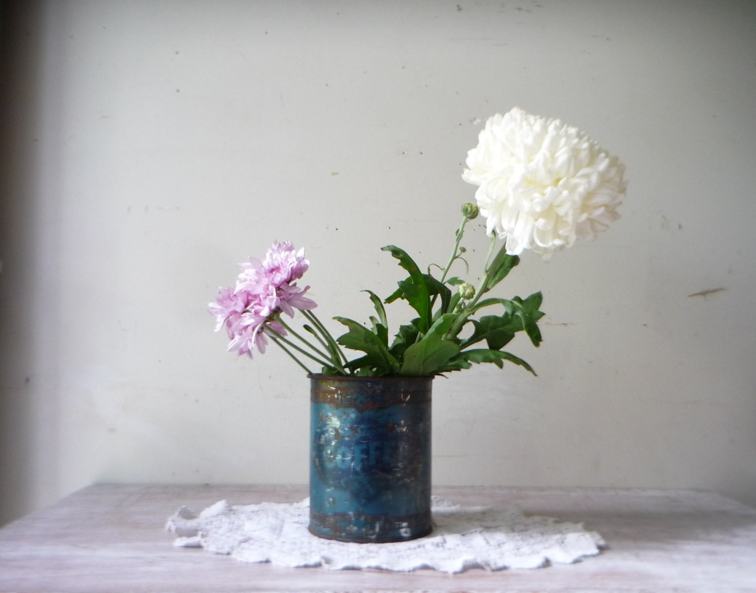 Vintage Blue Coffee Tin - Rustic Utensil Holder/Wedding Vase