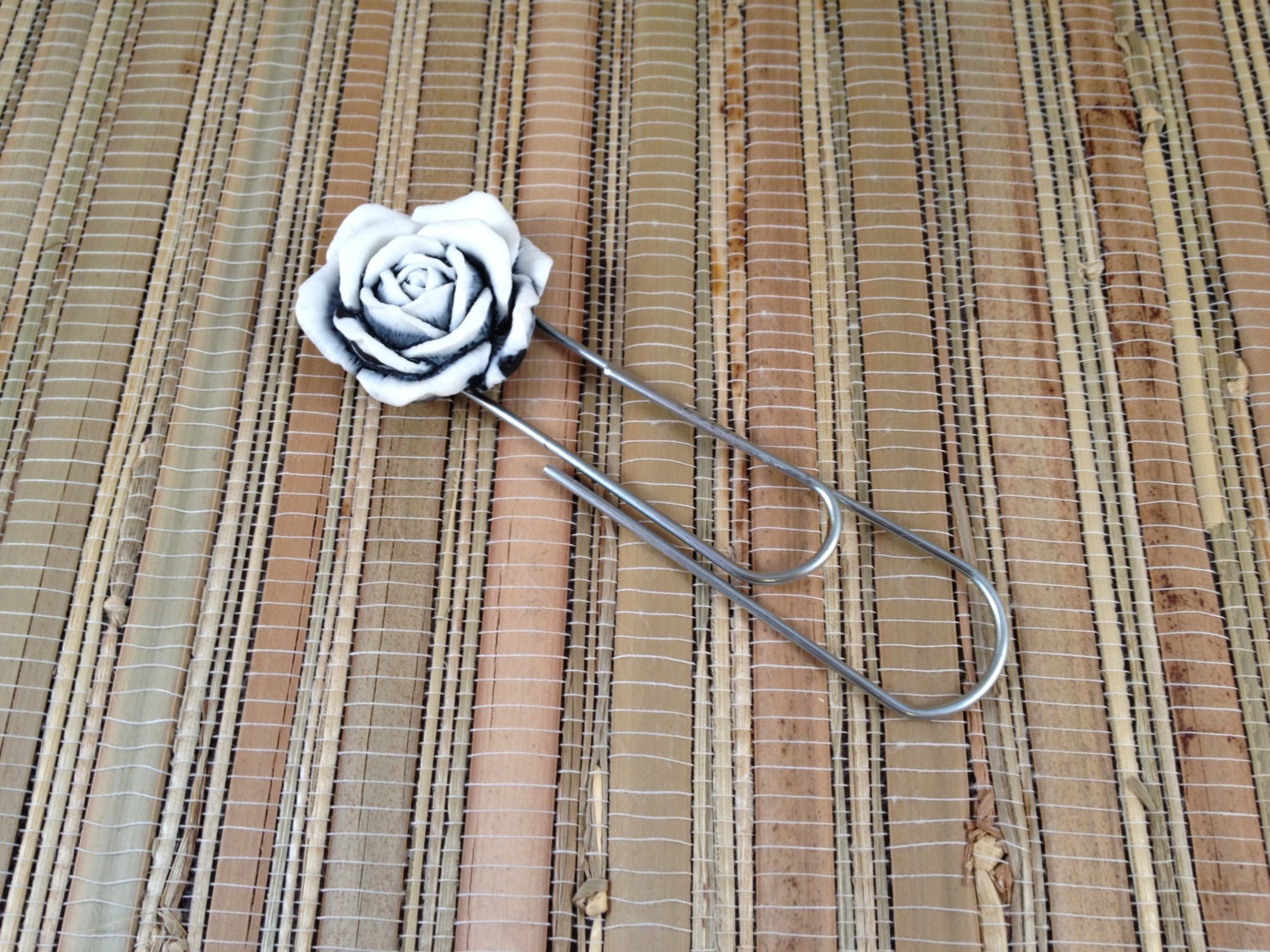 Large Paperclip Bookmark with Black and White Rose
