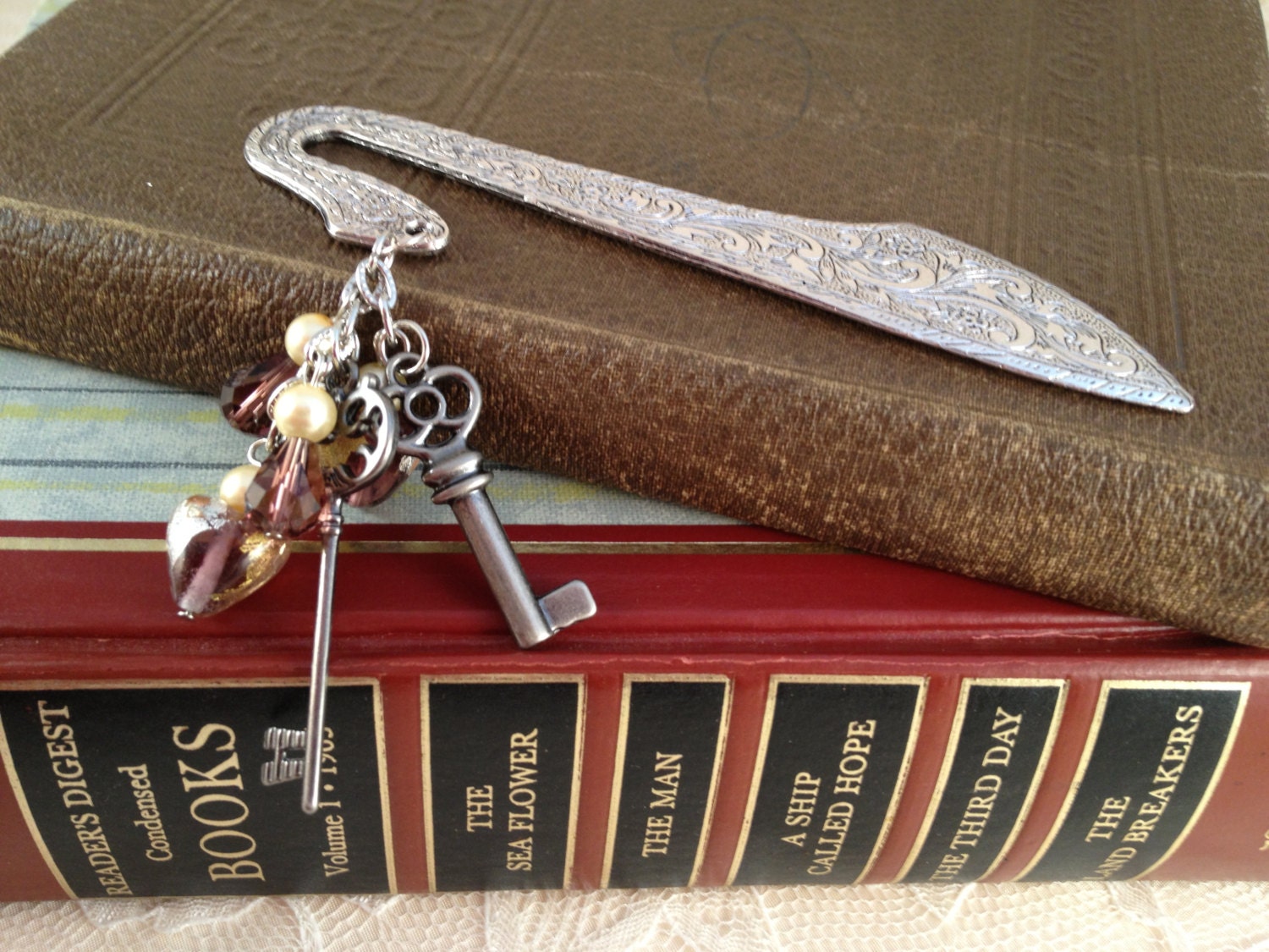 Large Silver Bookmark with Pearl and Purple Crystal Accents